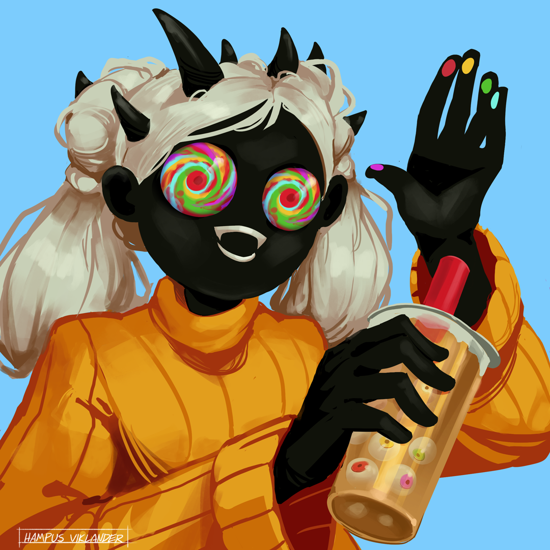 portrait of a monster girl with colourful swirly eyes. She waves while holding a cup of eyeball booba tea