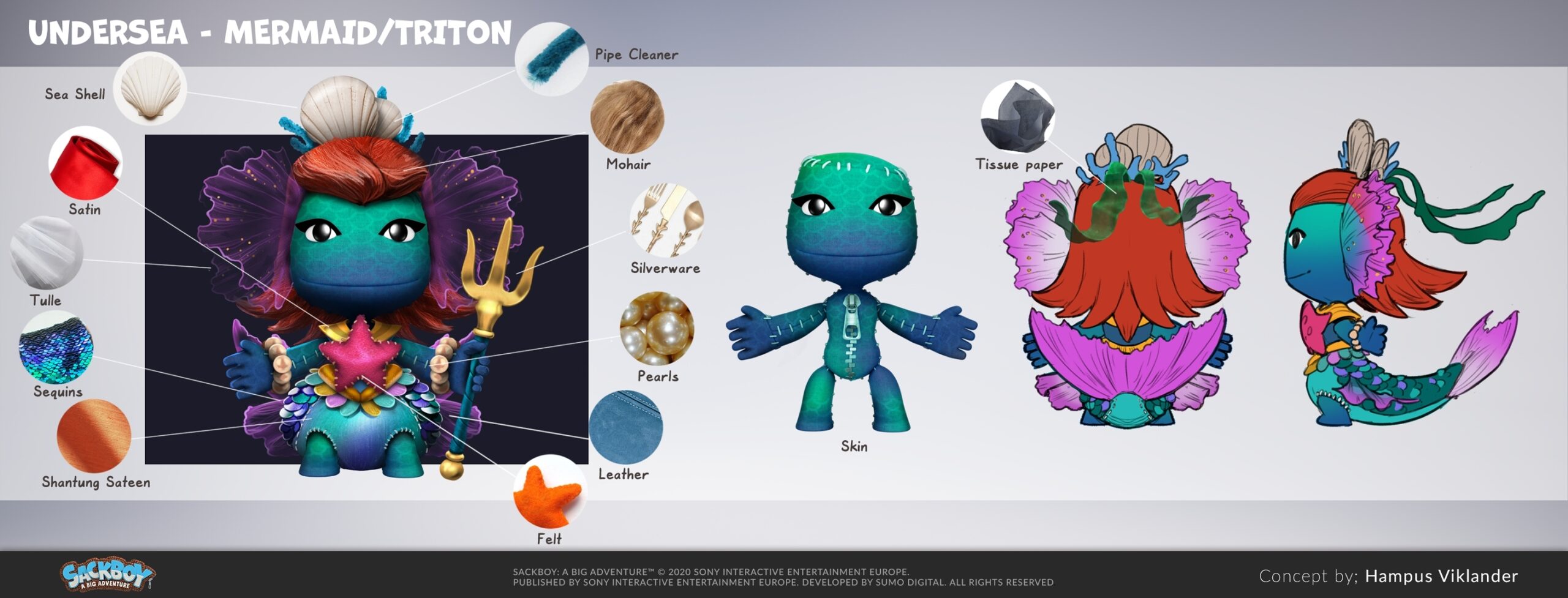 Mermaid/Triton costume design for Sackboy a big adventure