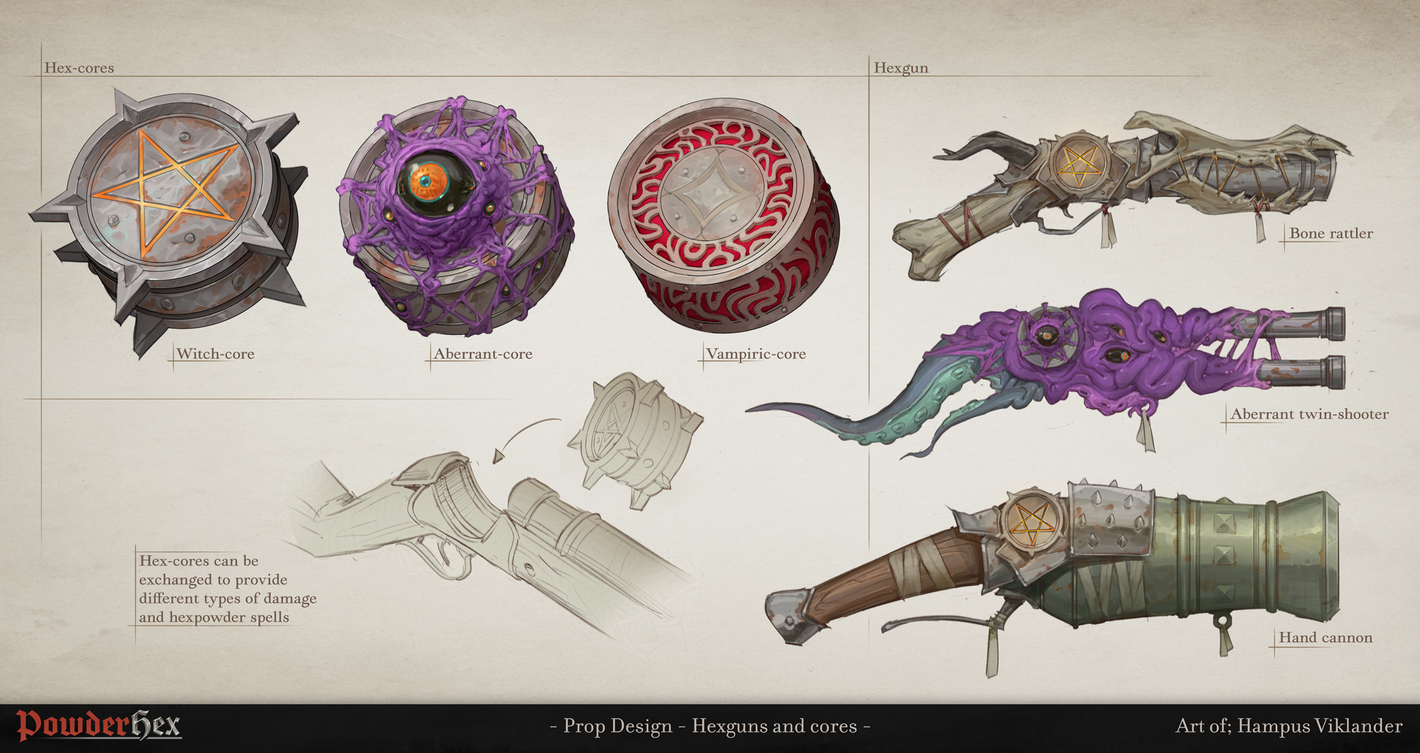 Powderhex prop sheet, including hex cores and hexguns