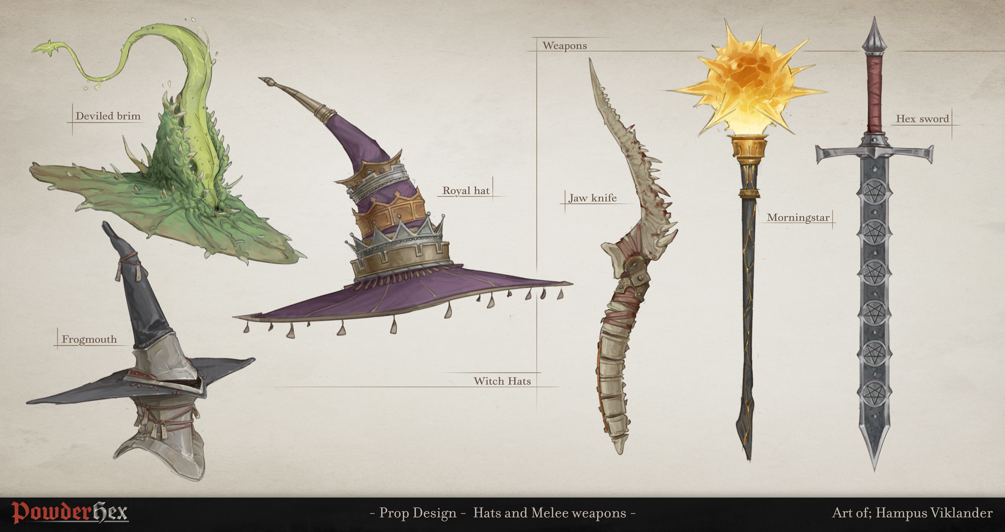 Powderhex prop sheet, including witch hats and weapons
